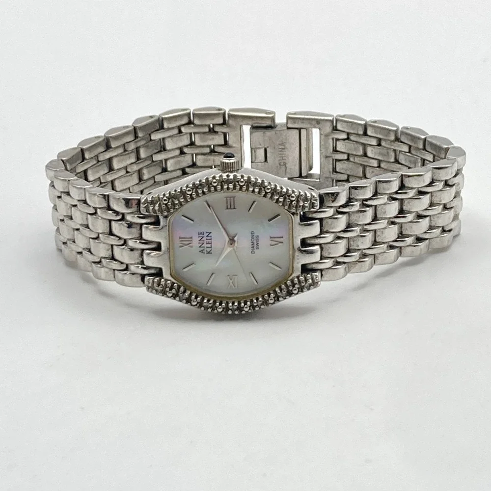 Anne Klein Diamond Womens Watch 23mm Silver Tone MOP Dial Swiss New Battery 6.5